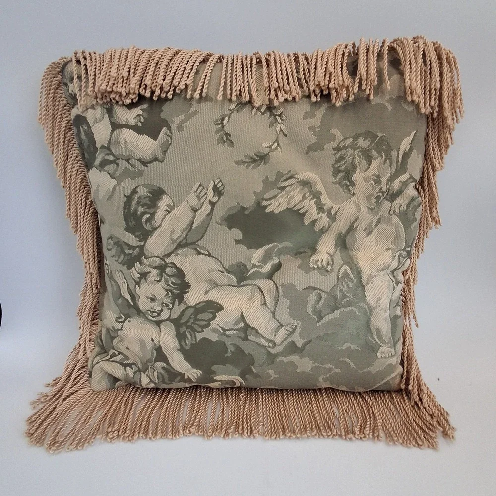 REED Style Cherub Angel Tapestry Throw Pillow Green Beige Fringe Trim 14